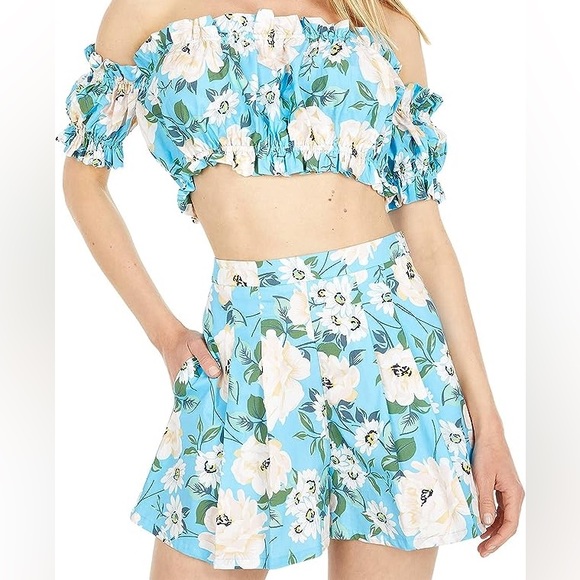 Revolve Yumi Kim Blue Floral off the shoulder short skirt set - Picture 3 of 4